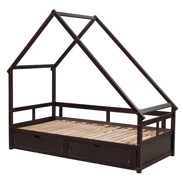 ATHMILE Espresso Extending Wooden Daybed with 2-Storage Drawers
