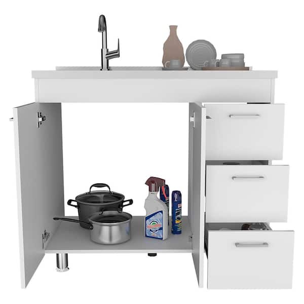 Aoibox 39 in. W x 29.7 in. D x 35.4 in. H Ready to Assemble Kitchen Base Cabinet in White with 3-Drawer,Double Door&4-Legs
