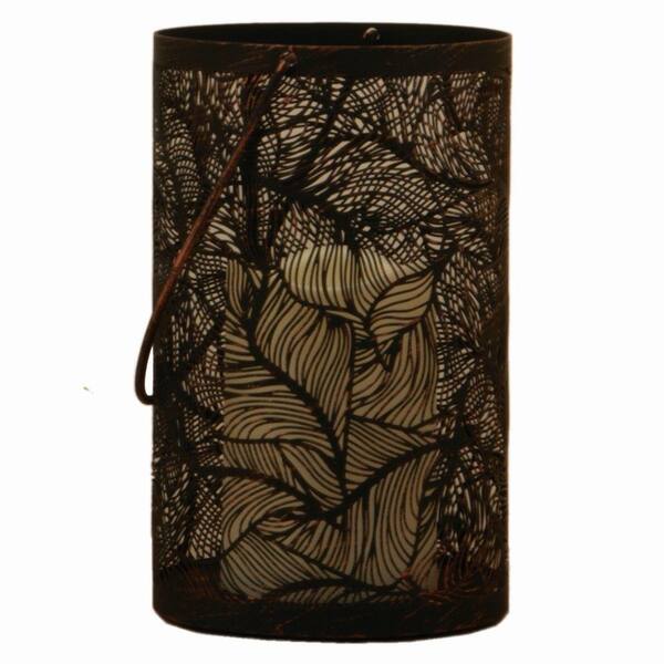 Smart Design Panama 8 in. Metal Cylinder Lantern with Flowing Leaves Pattern in Antique Black Finish