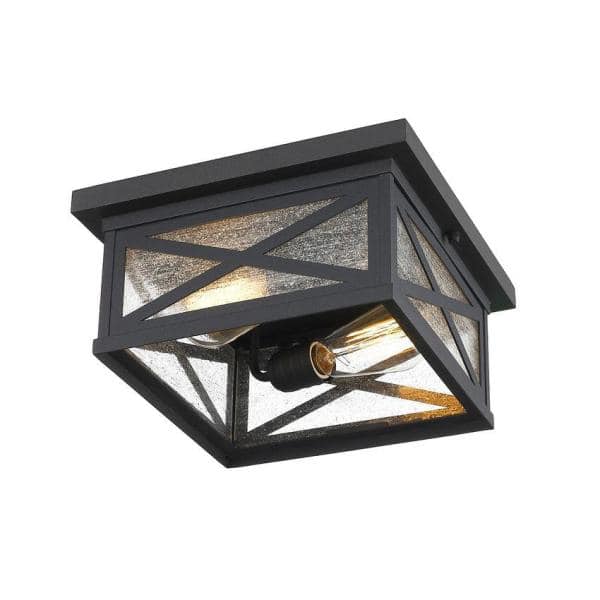 Matte Black Aluminum 2-Light Outdoor Flush Mount with Seedy Glass