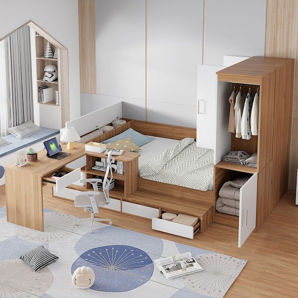 Axel Semi-Enclosed Natural Brown Wood Frame Full Size Platform Bed with Desk, Wardrobe, Storage Shelves,Drawers,USB Port