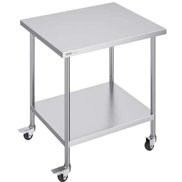 VEVOR 30 in. x 18 in. x 38 in. Silver Stainless Steel Commercial Kitchen Prep Table with 4 Wheels 3 Adjustable Height