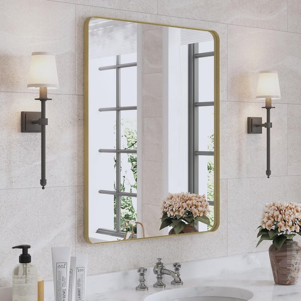 36 in. W x 28 in. H Rectangular Framed Wall Mounted Bathroom Vanity Mirror in Brushed Gold