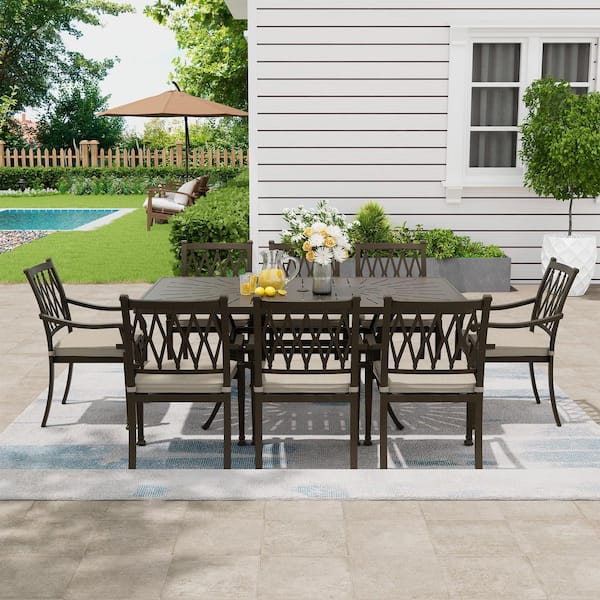 9-Piece Brown Cast Aluminum Patio Outdoor Dining Set with Rectangle Retro Table 8 Dining Chairs with Beige Cushion