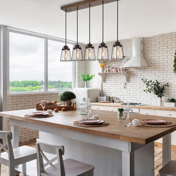 Modern Farmhouse Dining Room Chandelier 5-Light Rustic Bronze Chandelier for Kitchen Island with Faux Wood Accent