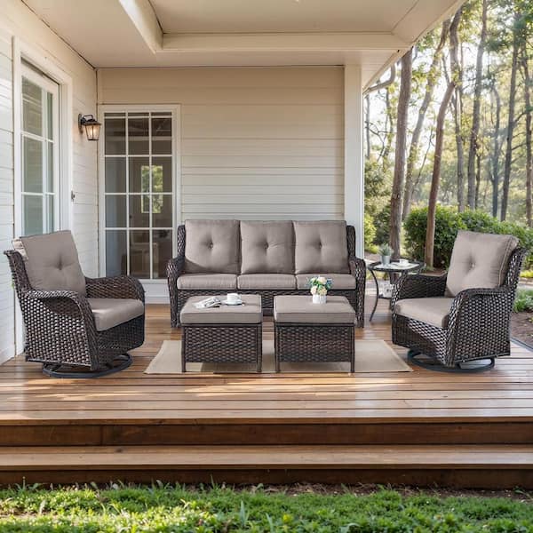 moosprr 6-Piece Brown Wicker Patio Conversation Set with Olefin Gray Cushions and Swivel Glider Chairs/Couch
