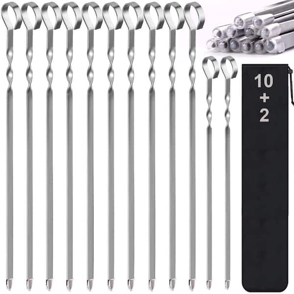 12-Piece Flat Stainless Steel BBQ Kabob Skewers, 17 in. and 14 in. Reusable Grilling Sticks with Storage Bag