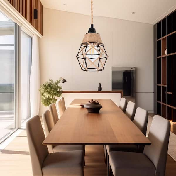 1-Light Natural Pendant Light with Diamond-Shaped Hemp Rope Shade and E26 Base Hanging Fixture No Bulb Included
