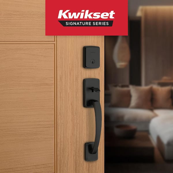 Brentford Matte Black Single Cylinder Door Handleset with Trafford Door Handle Featuring SmartKey Security