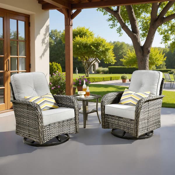 Caodoc Noah Gray 3-Piece Wicker Outdoor Patio Conversation Furniture Set with Swivel Chairs, Side Table, Light Gray Cushions