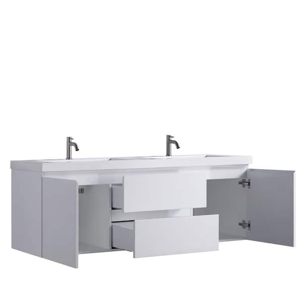 59.09 in. W x 19.7 in. D x 21.65 in. H Double Sink Floating Bath Vanity in White with White Ceramic Top