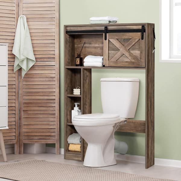 PWFE Farmhouse Over Toilet Bathroom Organizer, Freestanding Over The Toilet  Storage Cabinet with Sliding Barn Door, Bathroom Space Saver Toilet  Stands(White A) 
