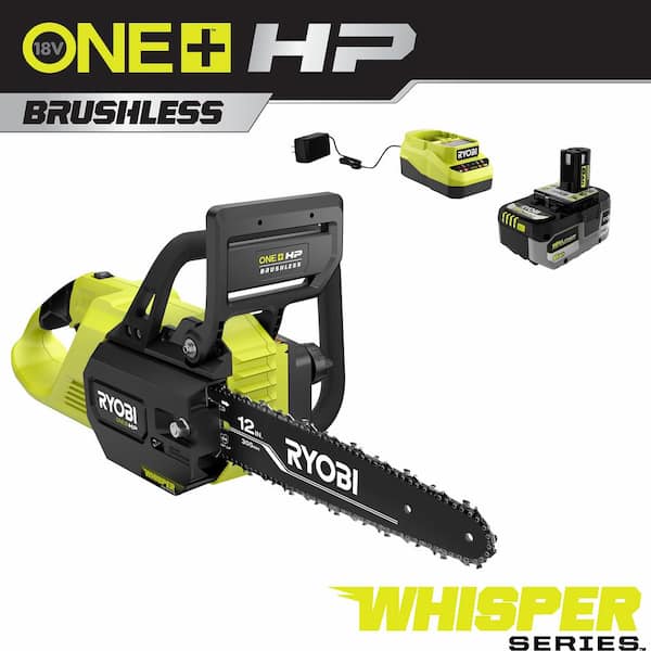 RYOBI ONE+ HP 18V Brushless Whisper Series 12 in. Battery Chainsaw with 6.0 Ah Battery and Charger