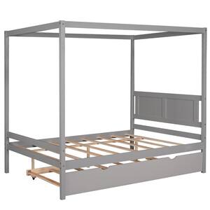 Gray Full Size Canopy Platform Bed with Trundle, Slat Support Leg