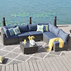 HOPPISH Gray 7-Piece Wicker Patio Conversation Set with Denim Blue Cushions