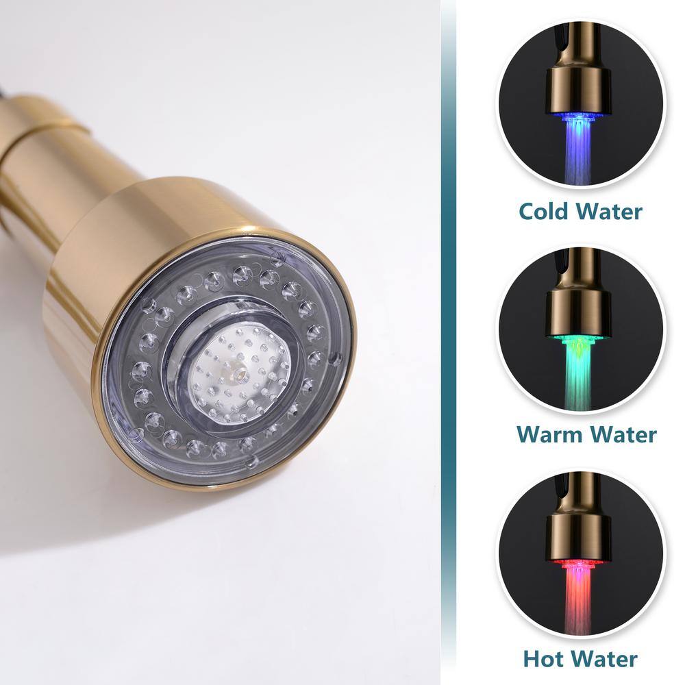 Brushed Gold Single Handle Pull Down Kitchen Faucet with LED Light