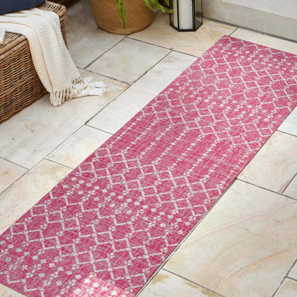 Fuchsia and Light Gray Moroccan Geometric Synthetic Area Rug