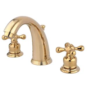 Victorian 8 in. Widespread 2-Handle Bathroom Faucets with Plastic Pop-Up in Polished Brass