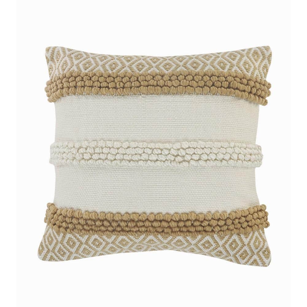 Textured Off - White / Tan Geometric Soft Poly-Fill 20 in. x 20 in. Indoor/
