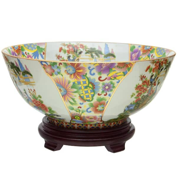 Oriental Furniture 14 in. White Satsuma Birds and Flowers Porcelain Bowl BW- BOWL-GDN1 - The Home Depot