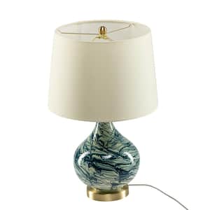 20 in. H Modern Blue Unique Glass Patterned Vase Base LED Bedside Table Lamp with Linen Shade