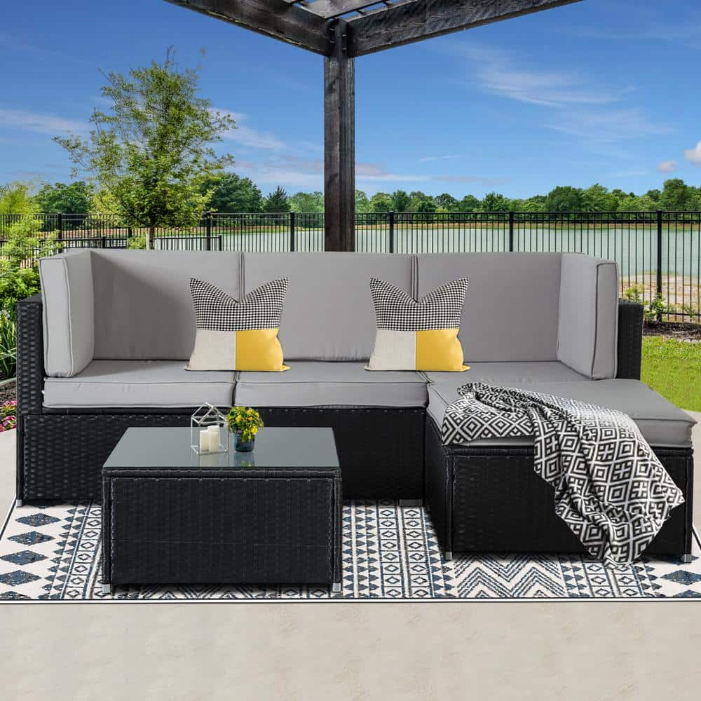 JUSKYS 5 Piece Wicker Outdoor Patio Conversation Set With Gray Cushions   Patio Conversation Sets Xzbk5012gy 64 1000 