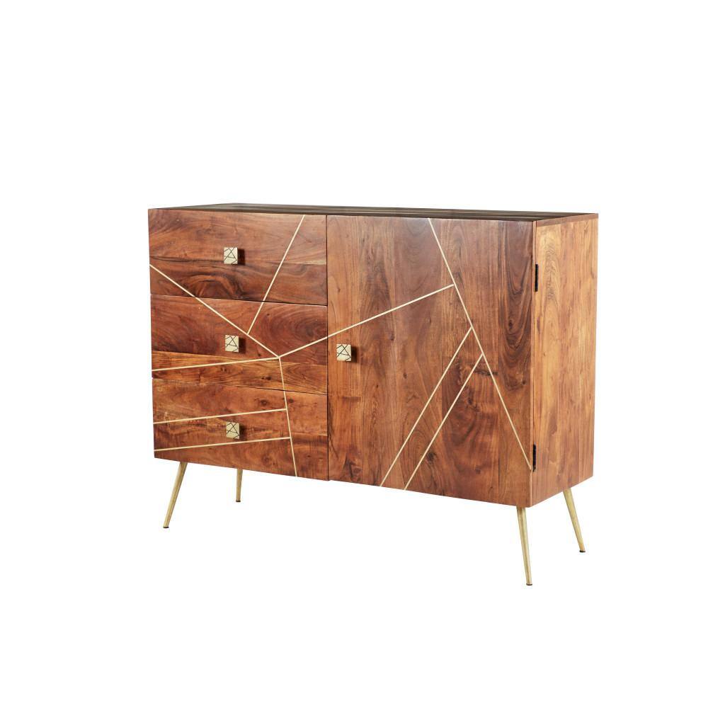 Brown and Gold Metal Wood Buffet with 3 Drawers and 2 Doors