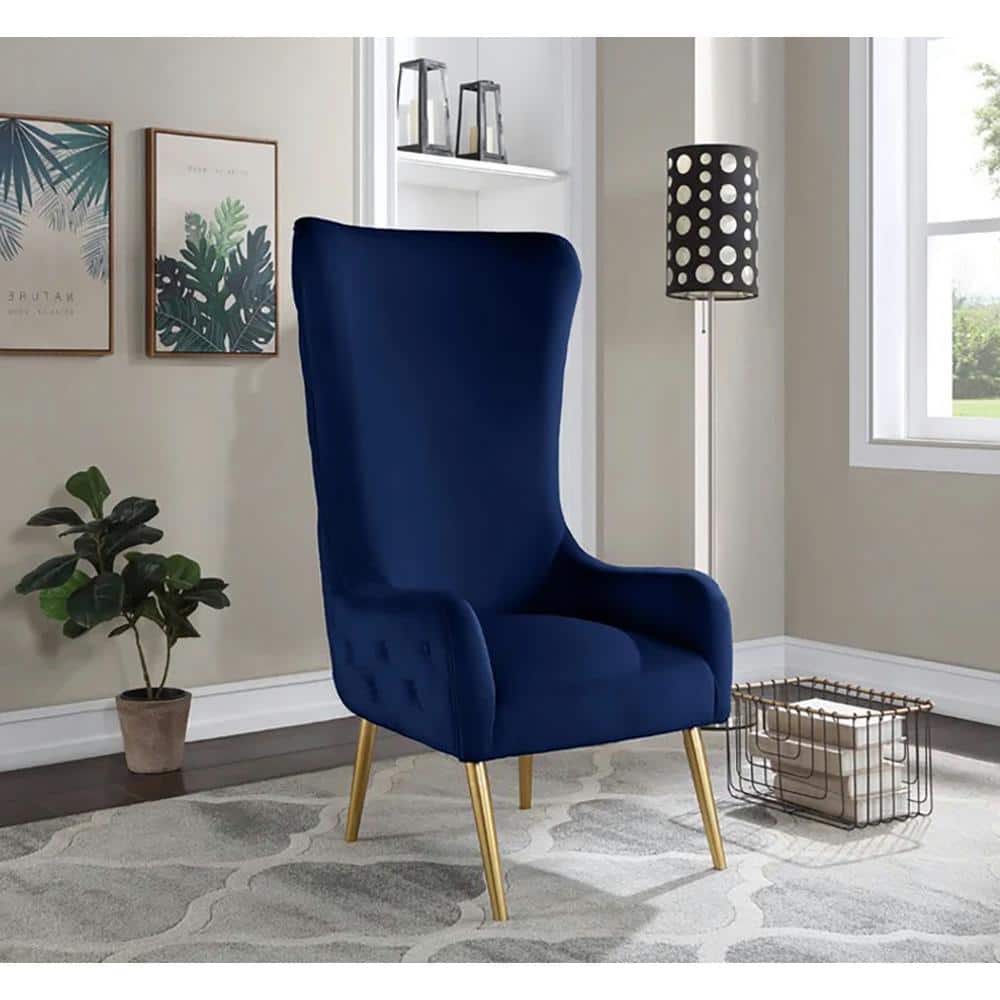 Regal Navy Tufted Velvet High Back Accent Chair with Gold Chrome Legs