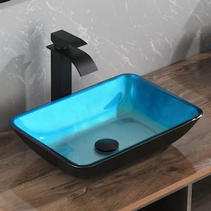 Glass Rectangular Vessel Sink in Black and Blue with Faucet and Pop-Up Drain