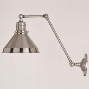Alexis 8 in. W Satin Nickel and Matte White Adjustable Swing Arm Wall Lamp with Metal Shade