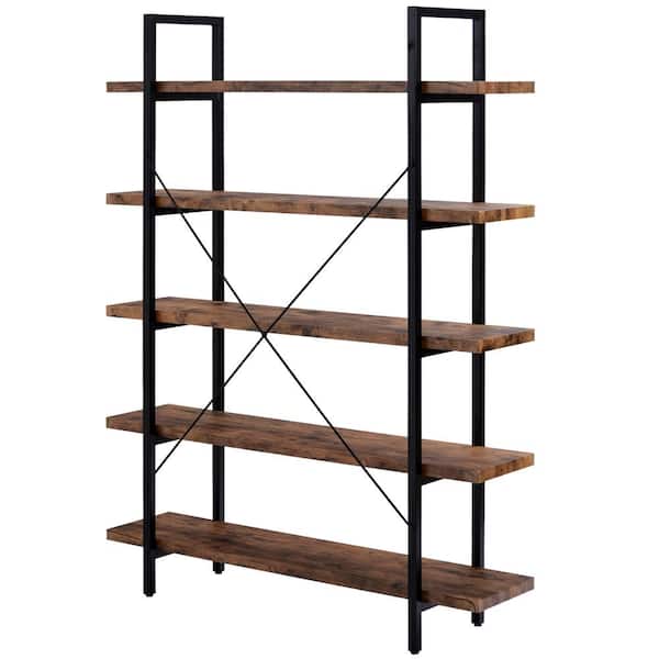 Yusong Bookshelf, Ladder Shelf 5-Tier Bookcase for Bedroom, Industrial Book  Shelves Storage Rack with Metal Frame for Home Office, Rustic Brown