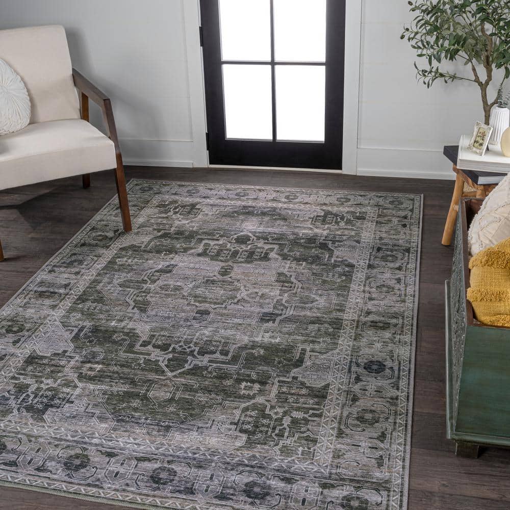 Alanya Dark Green and Gray Medallion Washable 8' x 10' Area Rug