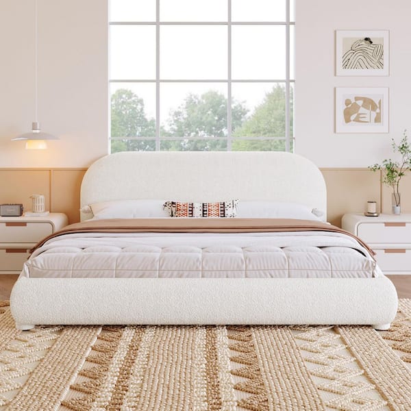 Cream White Modern Wood Frame Queen Size Fabric Upholstered Platform Bed