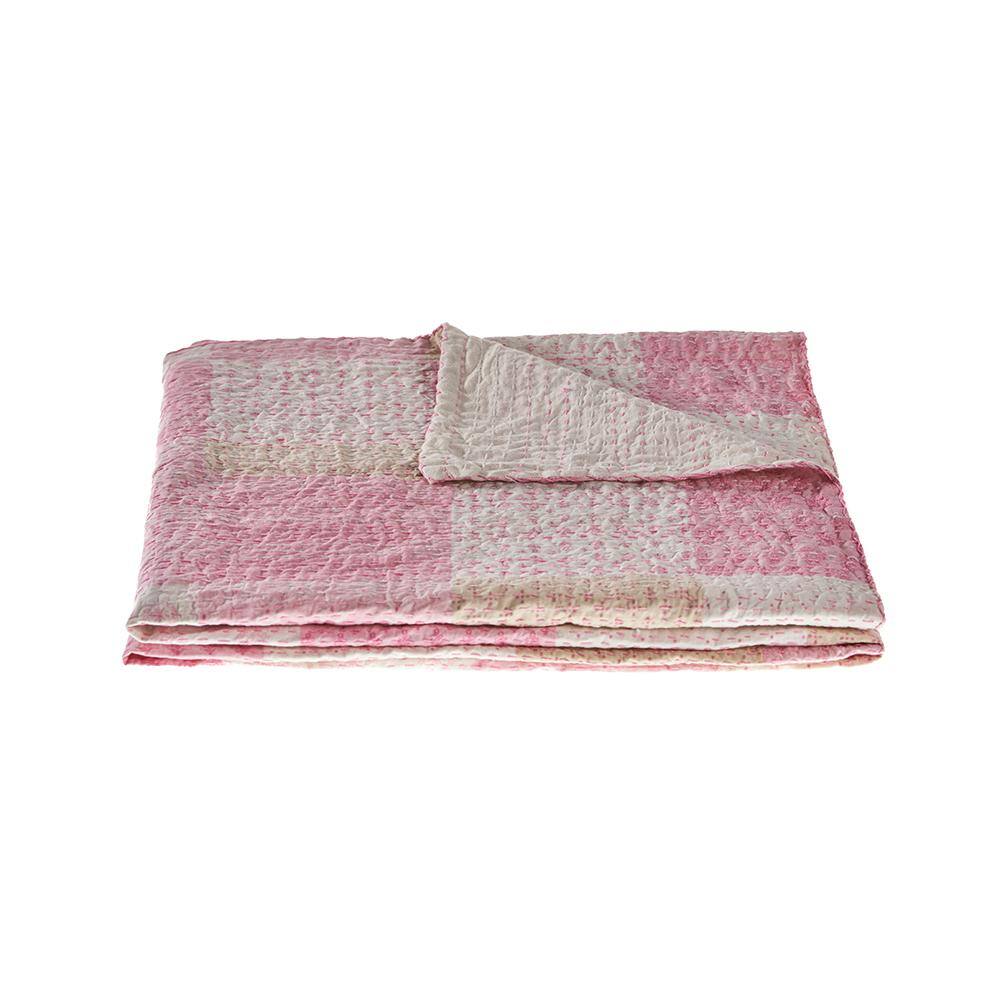 Light Pink Cotton Patchwork Kantha Throw Blanket, 50" x 70"