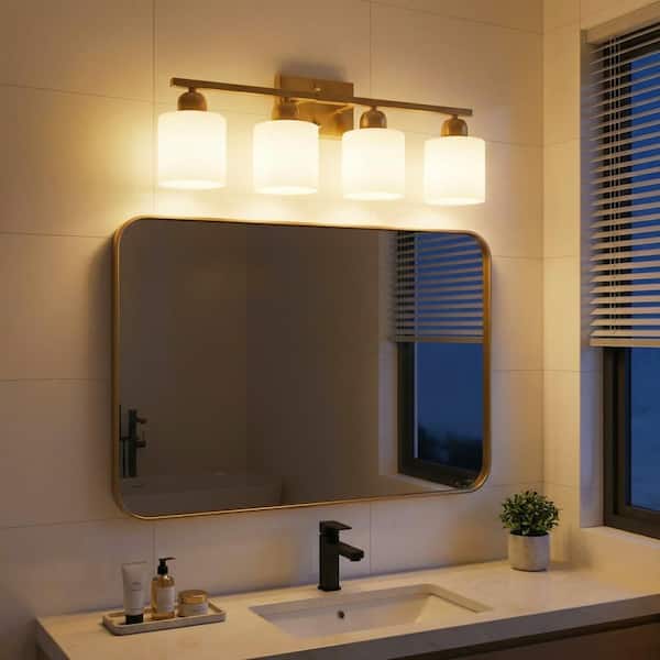 24 in. 4 Light Gold Grain Finish Vanity Light Fixture Bathroom Over Mirror Wall Lights with Clear Glass Shades