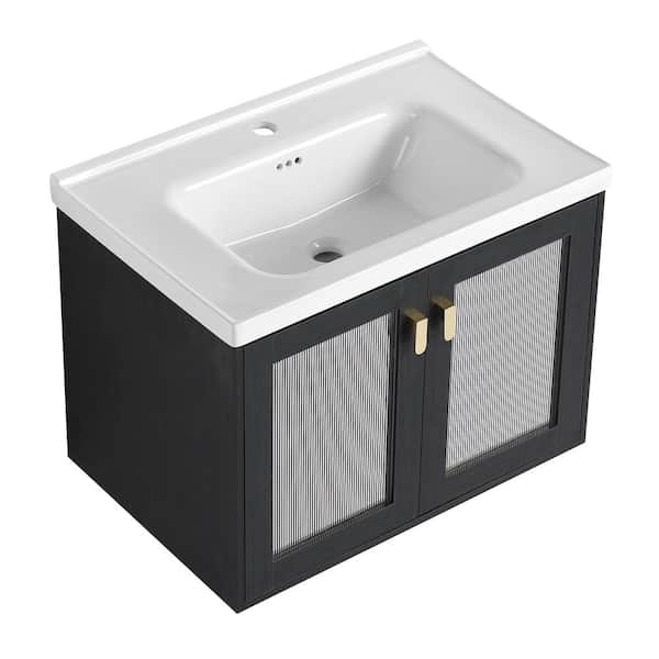 Sarlai 27.8 in. W x 18.5 in. D x 20.7 in. H Wall Mounted Bath Vanity in Black with Modern White Ceramic Vanity Top