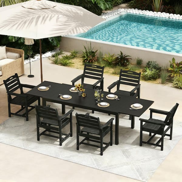 7-Piece Aluminum Rectangular Outdoor Dining Set, Extendable Patio Table with Umbrella Hole and 6 HDPE Patio Chairs
