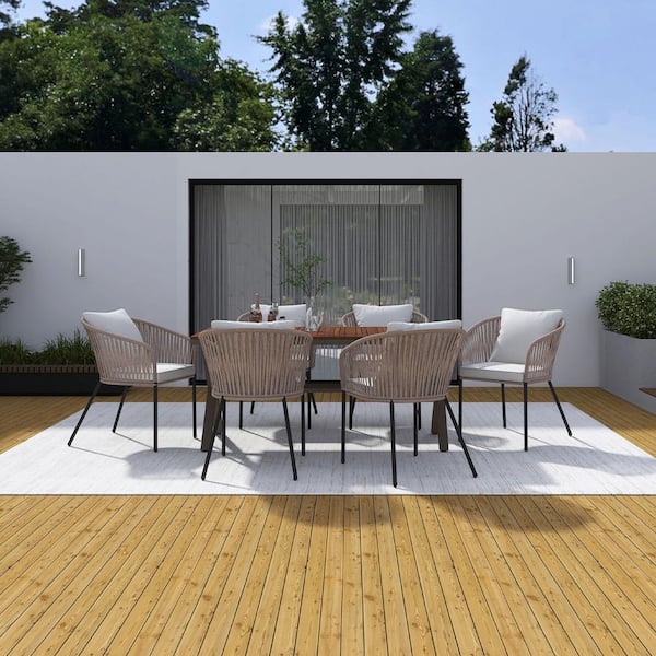 Boosicavelly 7-Piece Beige Rope Metal Frame Outdoor Dining Set with Off-White Cushions and Pillows