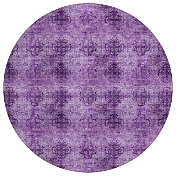 Eggplant 8 ft. Round ft. Woven Floral Medallion Round Indoor/Outdoor Area Rug
