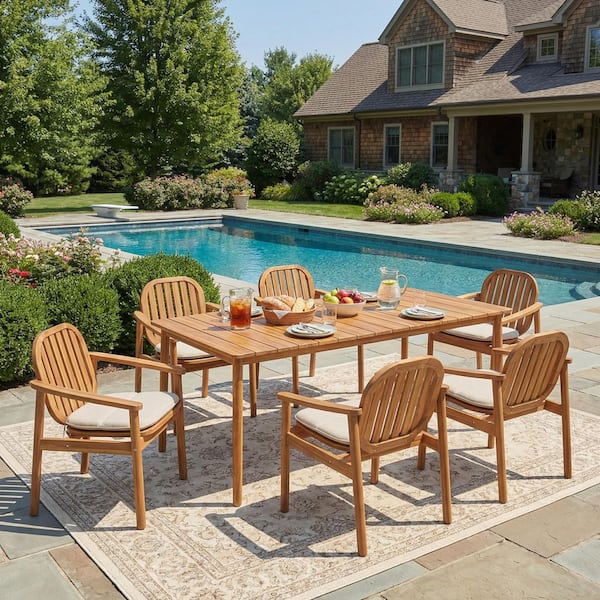 Harlowe Country Patio 7 Piece Teak Finish Solid Wood Frame Outdoor Dining Set with Beige Cushions