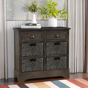 Rustic Light Grey Wooden Storage Cabinet Console Table with 2-Drawers and 4-Rattan Basket for Dining Room and Entryway