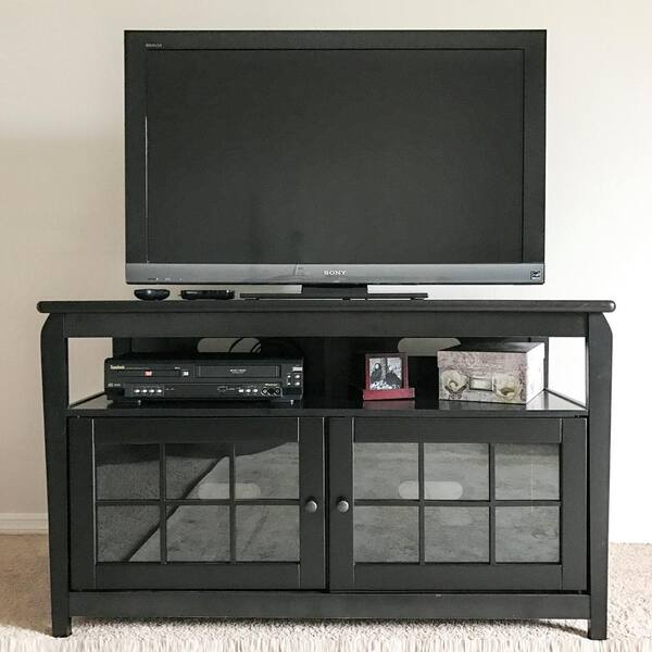 AmeriHome 28 in. Black Wood TV Stand Fits TVs Up to 48 in. with Storage Doors