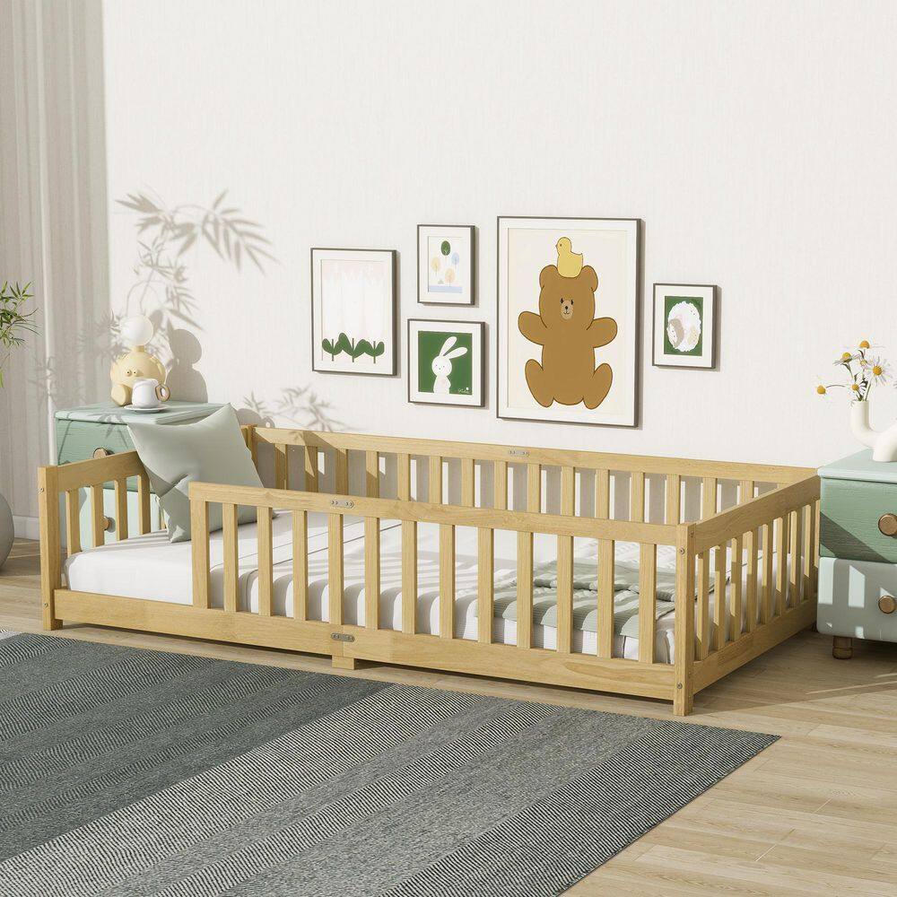 Natural Twin Size Kids Bed with Fence Without Door,safety Guardrails