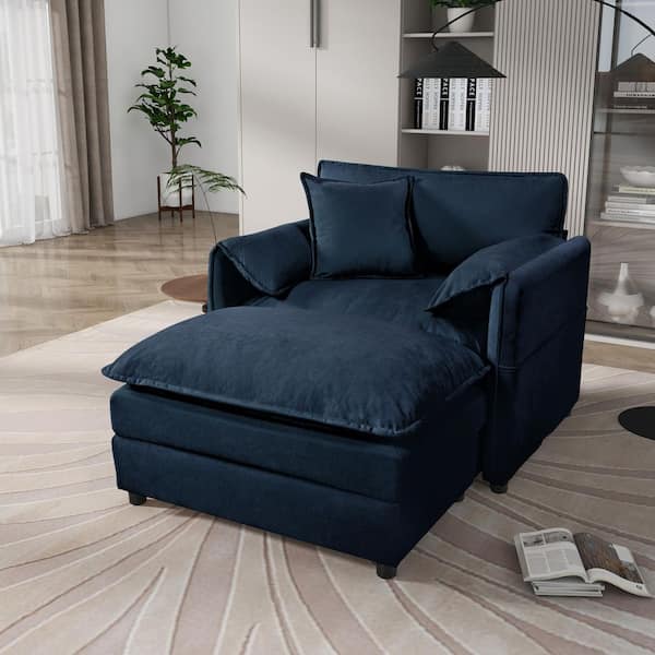 RKYI 57.5 in. Midnight Blue Chenille Oversized Accent Chair in Deep Seat, Cushioned Arms with Pillow and Modular Ottoman