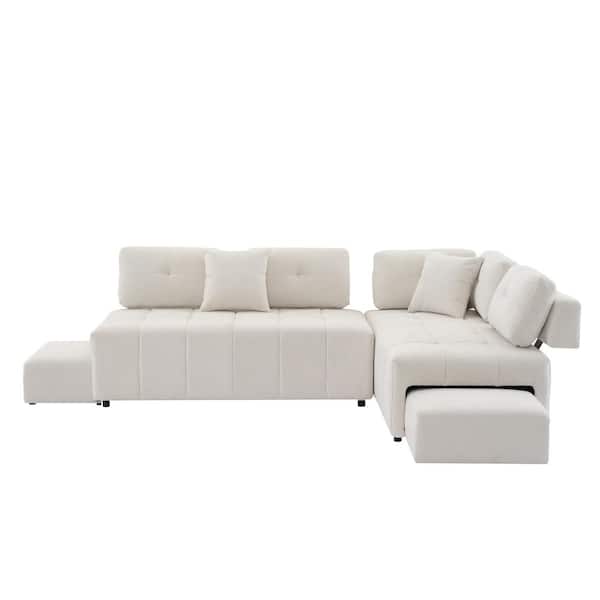 Polibi 91.73 in. W Rectangle Armless Chenille Upholstered L Shaped Sectional Sofa in Biege with 2-Stools and 2-Lumbar Pillows