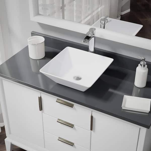 Rene Porcelain Vessel Sink in White with 7007 Faucet and Pop-Up Drain in Chrome