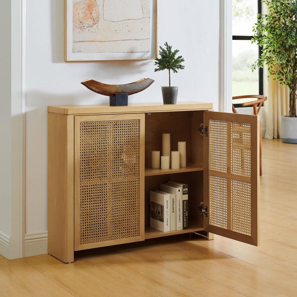 Natural MDF Buffet with Outlet Holes and Rattan Doors Sideboard Cabinet Storage Cabinet