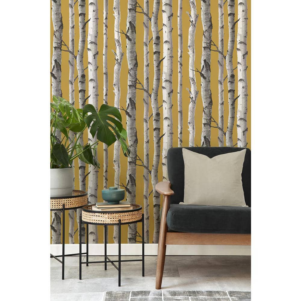Mustard Yellow Birch Trees Non-pasted Washable Wallpaper