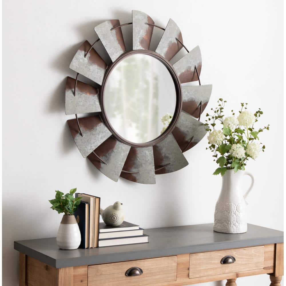 32" Round Silver and Brown Metal Windmill Wall Mirror