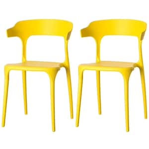 Modern Plastic Outdoor Dining Chair with Open U Shaped Back in Yellow (Set of 2)